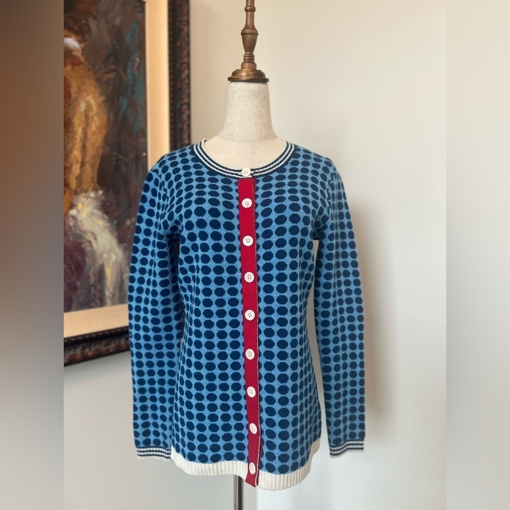 Neve Lambswool Blend Polka Dot Cardigan – Blue & Red, Size Small